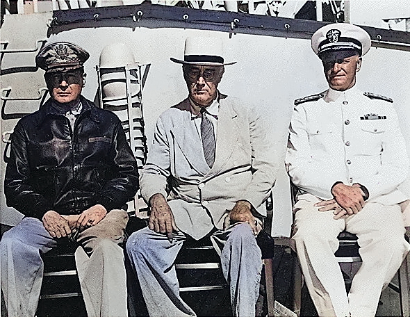 MacArthur, Roosevelt, and Nimitz aboard USS Baltimore, Pearl Harbor, US Territory of Hawaii, 26 Jul 1944, photo 2 of 3 [Colorized by WW2DB]