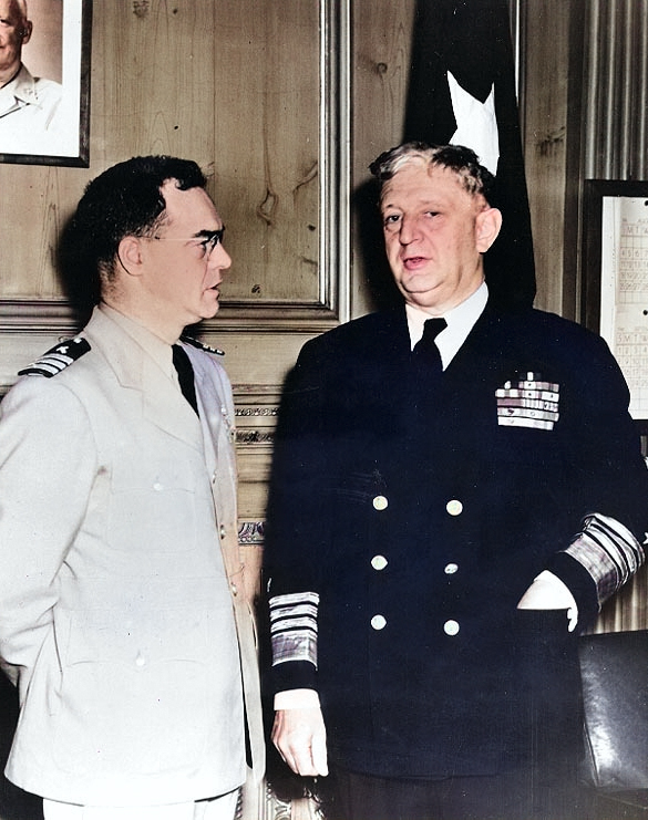 Commander Joseph T. O'Callahan and Admiral Henry Kent Hewitt, summer 1945 [Colorized by WW2DB]