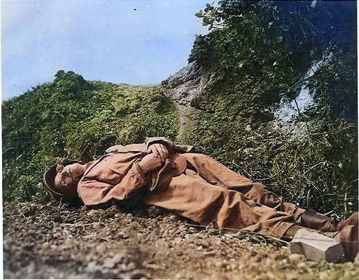 Journalist Ernie Pyle shortly after being killed on Iejima, Okinawa Prefecture, Japan, 18 Apr 1945 [Colorized by WW2DB]