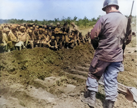 Funeral service for Ernie Pyle, Okinawa, Japan, 20 Apr 1945 [Colorized by WW2DB]