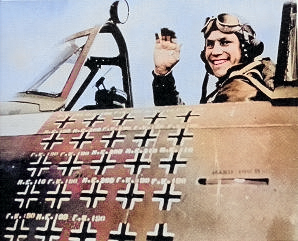 Robert Johnson in the cockpit of a P-47 aircraft, date unknown [Colorized by WW2DB]