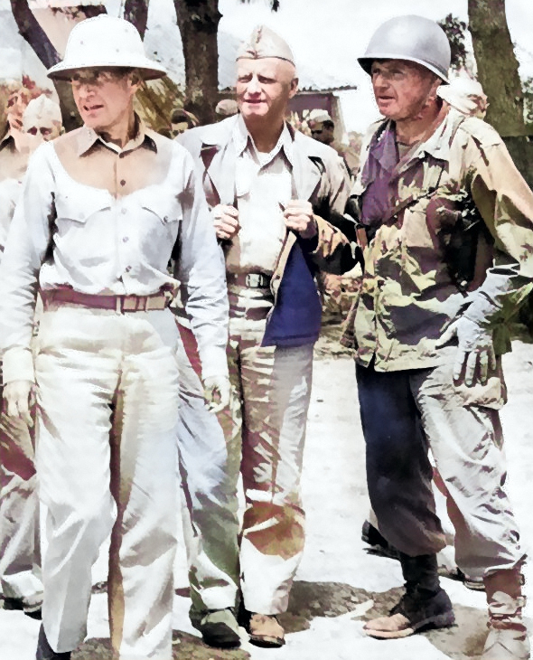 American leaders at Okinawa, Japan: Spruance, Nimitz, and Buckner, circa May 1945 [Colorized by WW2DB]