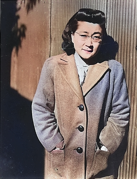 Iva Toguri at Radio Tokyo, Japan, 5 Dec 1944, photo 2 of 5 [Colorized by WW2DB]