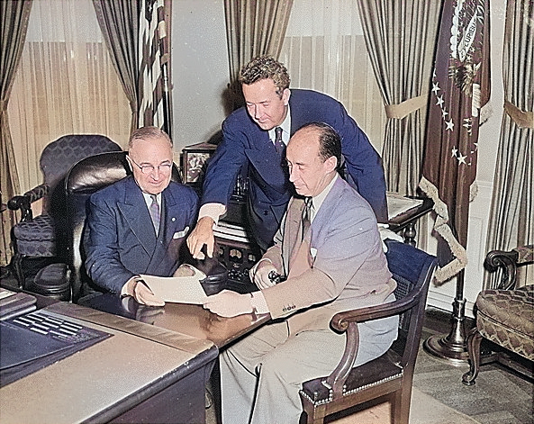 US President Harry Truman, presidential candidate Adlai Stevenson, and vice presidential candidate John Sparkman at the White House, Washington DC, United States, 12 Aug 1952 [Colorized by WW2DB]