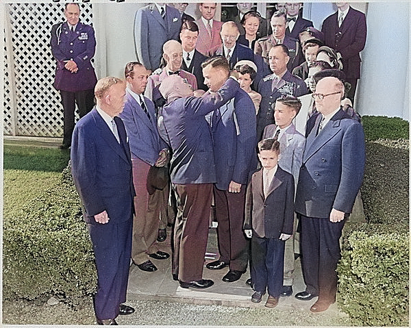 Truman presenting United States Marine Corps Reserve Colonel Justice M. Chambers with the Medal of Honor for heroism at Iwo Jima, 1 Nov 1950 [Colorized by WW2DB]