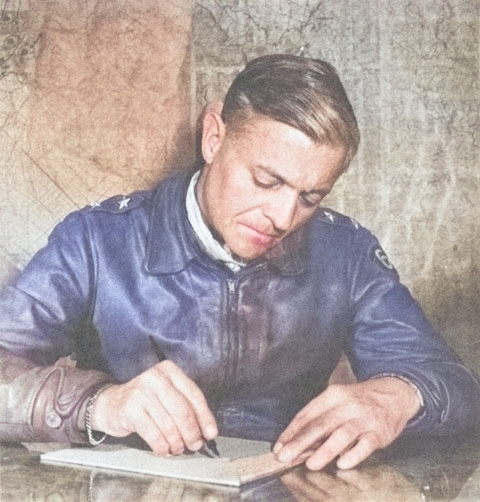 Lucian Truscott at a desk, circa 1944 [Colorized by WW2DB]