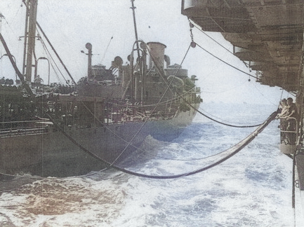 USS Coral Sea receiving fuel from a tanker, 26 Jan 1944 [Colorized by WW2DB]