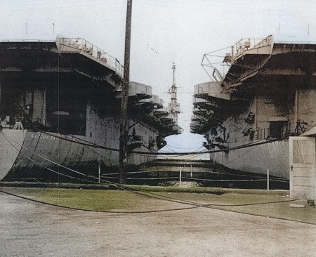 USS Natoma Bay and USS Anzio at Norfolk Navy Yard, Portsmouth, Virginia, United States, 29 Aug 1947 [Colorized by WW2DB]