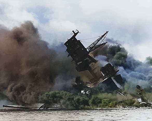 USS Arizona burning at Pearl Harbor, 7 Dec 1941, photo 3 of 5 [Colorized by WW2DB]