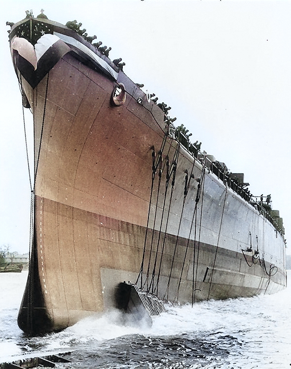 Launching of Canberra, Bethlehem Steel Company Fore River Shipyard, Quincy, Massachusetts, United States, 19 Apr 1943 [Colorized by WW2DB]