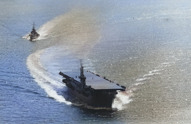 USS Copahee underway off Port Angeles, Washington, United States, 30 Aug 1942 [Colorized by WW2DB]