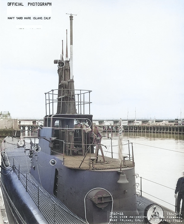 USS Flier at Mare Island Naval Shipyard, Vallejo, California, United States, 27 Apr 1944, photo 2 of 2 [Colorized by WW2DB]