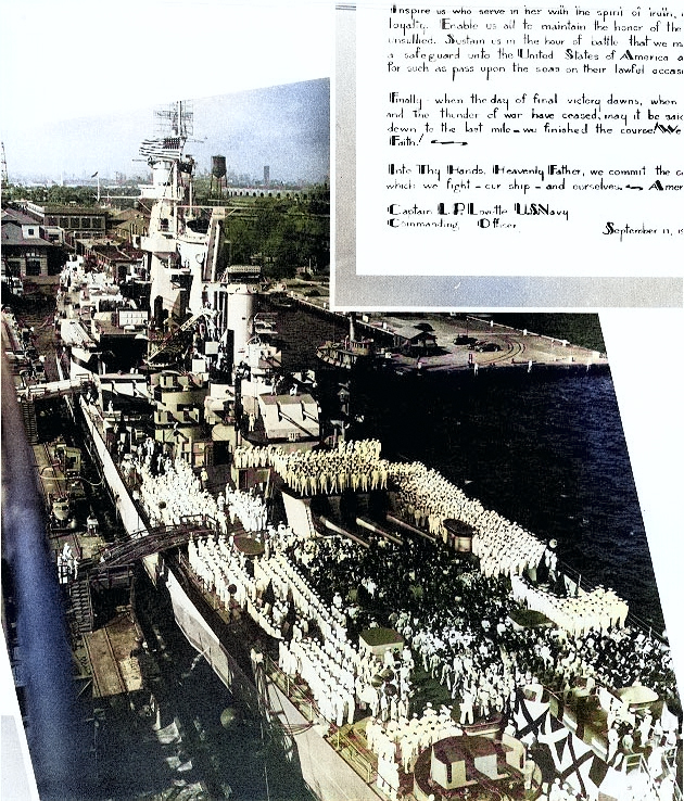 Commissioning ceremony of USS Guam, Philadelphia Navy Yard, Pennsylvania, United States, 17 Sep 1944, photo 2 of 2 [Colorized by WW2DB]