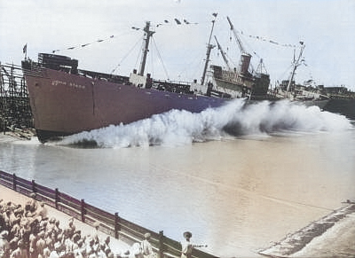 Launching of Liberty Ship SS John Stagg at the facilities of Delta Shipbuilding Company, New Orleans, Louisiana, United States, 7 Jul 1943 [Colorized by WW2DB]