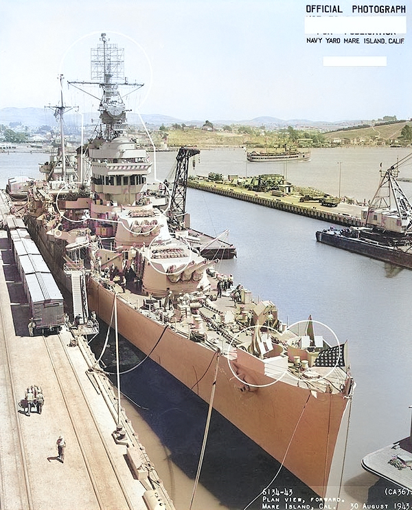 Minneapolis at Mare Island Navy Yard, California, US upon completion of overhaul and repairs, 30 Aug 1943; note SK-1 radar and gun directors on foremast and bridge, and fake windows pilothouse [Colorized by WW2DB]