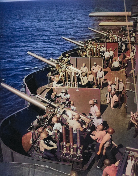 New Mexico's 5in guns prepared to bombard Saipan, 15 Jun 1944 [Colorized by WW2DB]