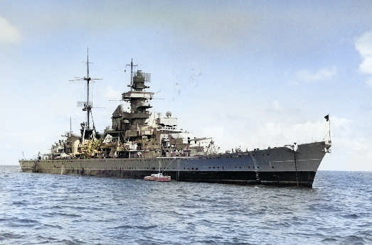 Captured German cruiser Prinz Eugen shortly before being subjected to atomic detonation tests, Bikini Atoll, 1946 [Colorized by WW2DB]