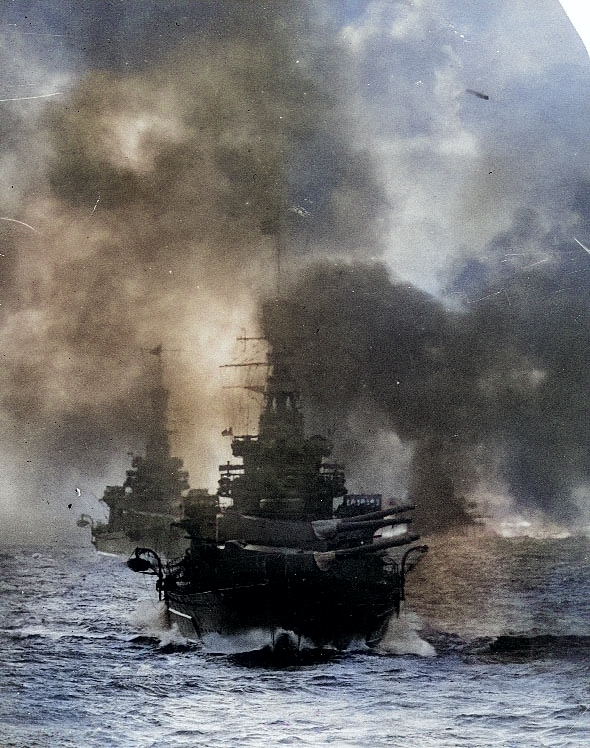 Repulse firing 15-in guns during fleet maneuvers off Portland, England, United Kingdom, 1920s; photo taken from Hood; note Renown next in line [Colorized by WW2DB]