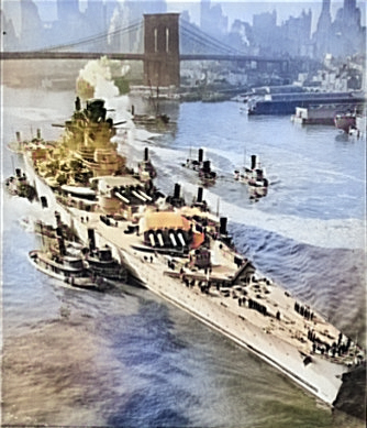 French battleship Richelieu, maneuvered by tugboats, arriving in New York, New York, United States for repairs, early 1943 [Colorized by WW2DB]