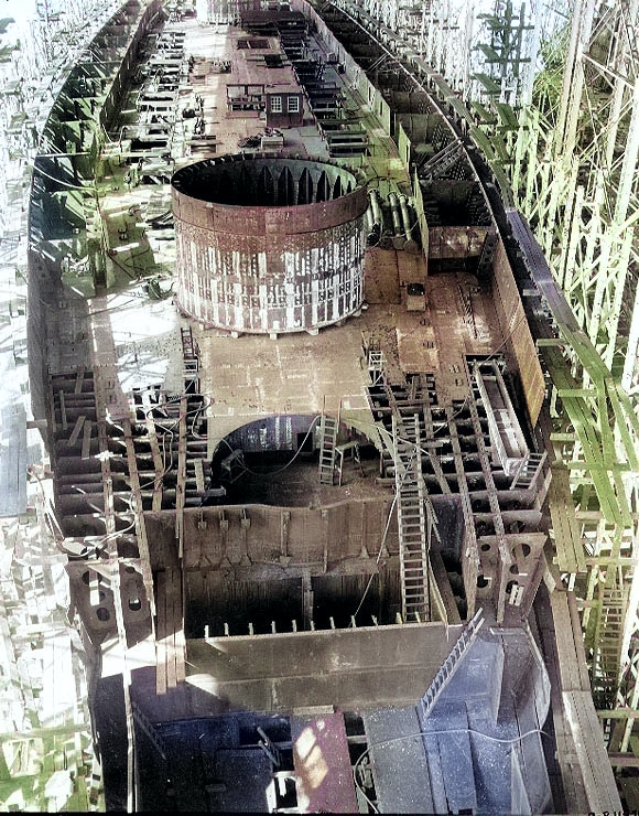 Saratoga's incomplete hull at New York Shipbuilding Company shipyard, Camden, New Jersey, United States, 8 Mar 1922, photo 1 of 3 [Colorized by WW2DB]