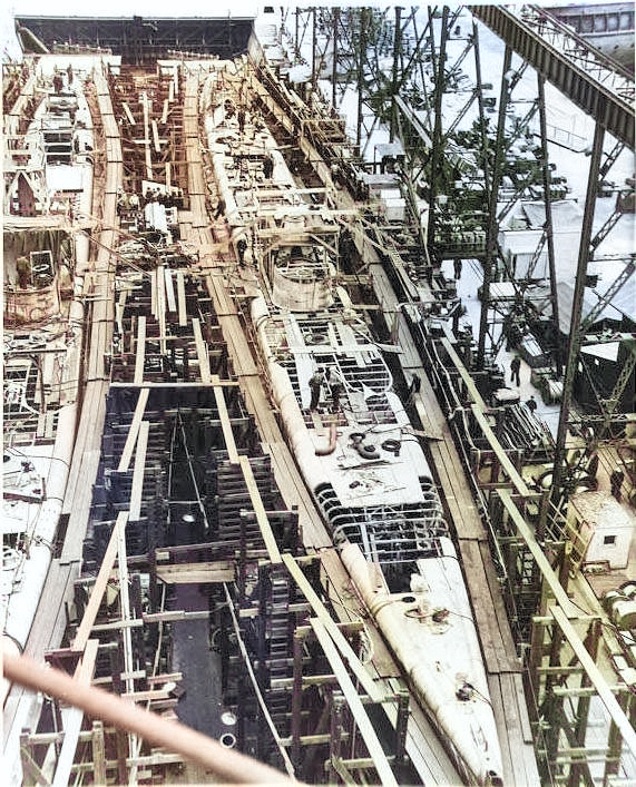 Tang (left) and Tilefish (right) under construction at Mare Island Navy Yard, Vallejo, California, United States, 1 Jul 1943, photo 3 of 3 [Colorized by WW2DB]