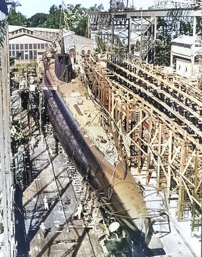 Stern view of the Tunny on the building ways at Mare Island Naval Shipyard, Vallejo, California, United States, 30 Jun 1942 [Colorized by WW2DB]