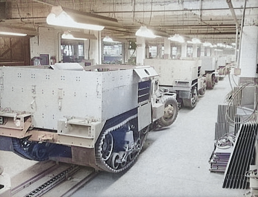 M2 Half-track vehicles under construction, Diebold Safe and Lock Company factory, Canton, Ohio, United States, Dec 1941, photo 4 of 4 [Colorized by WW2DB]