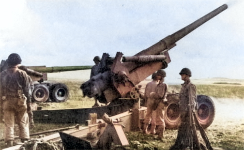 United States Army 155mm Gun M1 crew training in England, United Kingdom, date unknown [Colorized by WW2DB]