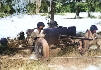 Anti-tank company of 1st Filipino Infantry Regiment in exercise with 37 mm Gun M3, 1943, photo 4 of 5 [Colorized by WW2DB]