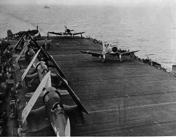 F4U-2 Corsair nightfighters on a carrier flight deck, 1944; seen in May-Jun issue of US Navy publication Naval Aviation News