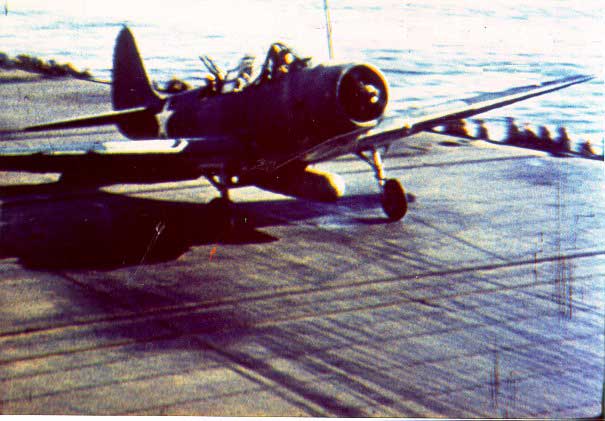 US Navy pilot Lieutenant Commander John Waldron's Devastator aircraft taking off of carrier Hornet, Battle of Midway, 4 Jun 1942