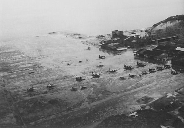 G4M, B6N, D4Y, and L2D (license-built DC-3) aircraft at Yokosuka Navy Air Corps Oppama Base, Japan, late 1945