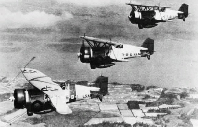 BF2C-1 Goshawk fighters of US Navy squadron VB-5 in flight, 1934; seen in Jan-Feb 1986 issue of US Navy publication Naval Aviation News