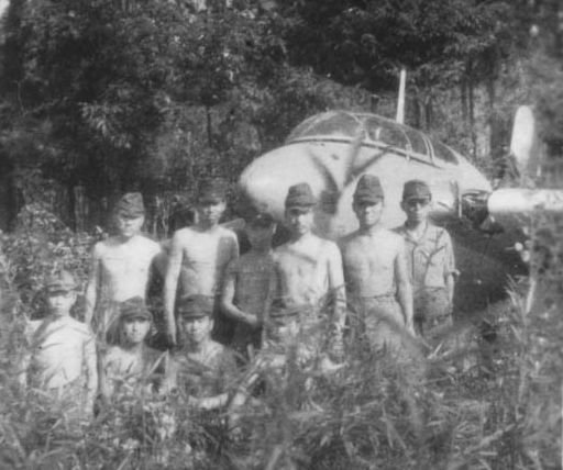 J8M Shusui aircraft and men of the ground crew at Kashiwa Air Field, Chiba, Japan, 1945