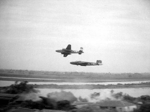 US B-25 bombers above the Japanese Lamsepo Airfield, Linkou, Taiwan, 16 Apr 1945