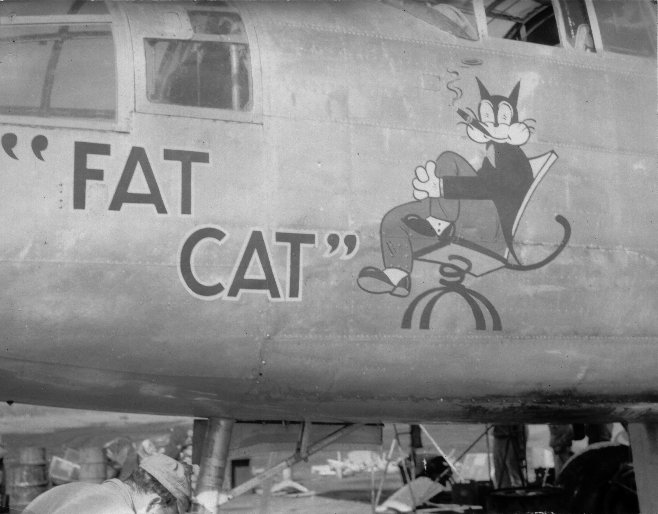 The dedication ceremony of B-25 bomber 'Fat Cat', Dobodura Airfield, Australian Papua, mid-1943; she had been salvaged using parts of damaged bombers and would be used to transport food; photo 4 of 4