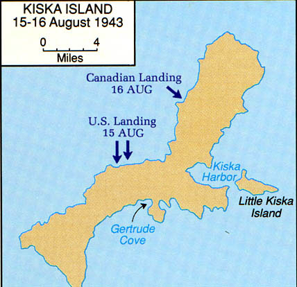 Map depicting the Allied landings on Kiska Island, Aleutian Islands, US Territory of Alaska, 15-16 Aug 1943