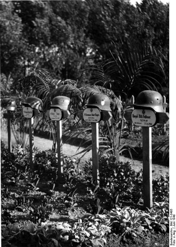 Graves of German soldiers Willi Feilhauer, Robert Rieger, and others in France, Jun 1940