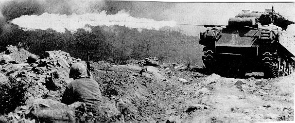 US Marine M4A3 Sherman flame tank, also known as 'Ronson', at Iwo Jima, Feb 1945