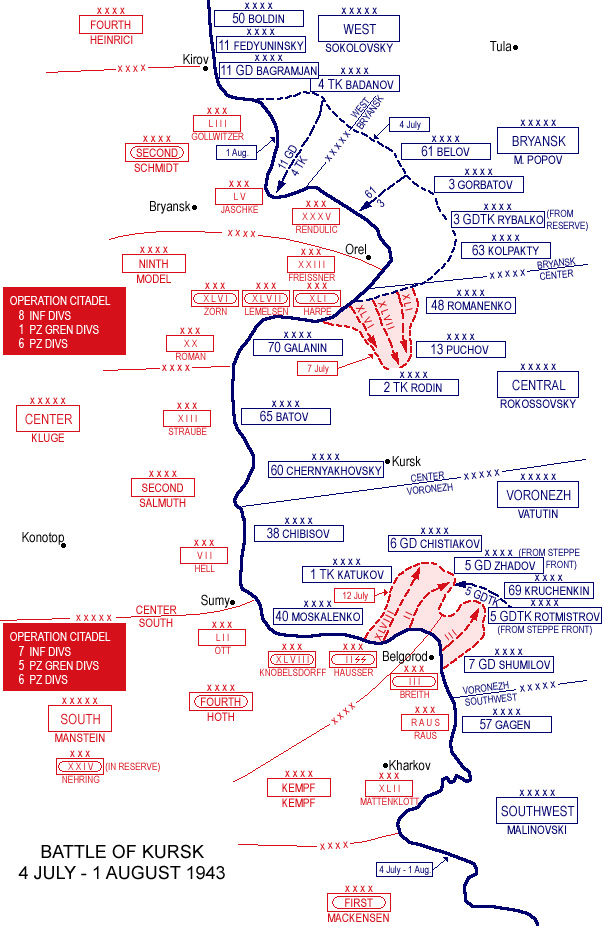 Map depicting the Battle of Kursk, 4 Jul-1 Aug 1943