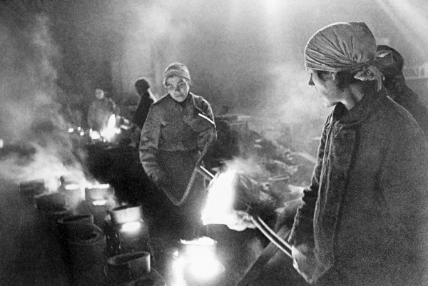 Female workers in a factory in Leningrad, Russia, 1 Jan 1942