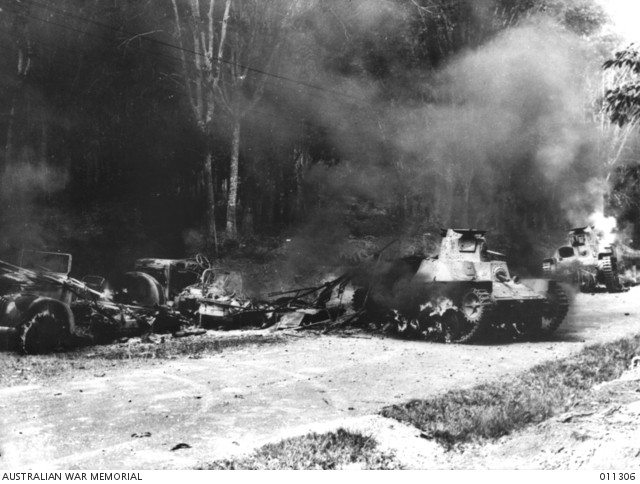 Japanese Type 95 Ha-Go tanks destroyed by Australian 2-pounder guns, Bakri, Johor, 18 Jan 1942