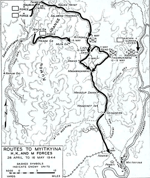 Map depicting the movement of Allied H, K, and M forces toward Myitkyina, Burma, 28 Apr to 16 May 1944