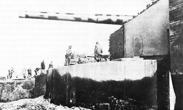 Laborers working on the casemate of German coast artillery, Nord-Pas-de-Calais region, France, circa 1944