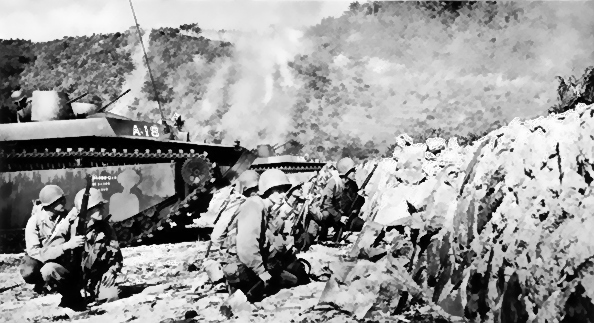 Men of the US 77th Division landing from LVTs onto Zanami Island of the Kerama Islands near Okinawa, Japan, 27 Mar 1945