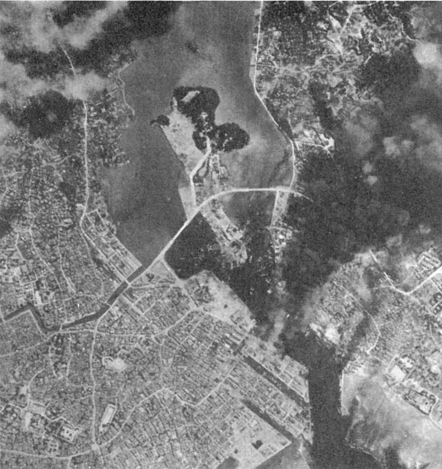 Naha, Okinawa, Japan seen from an American carrier aircraft during the raid of 10 Oct 1944