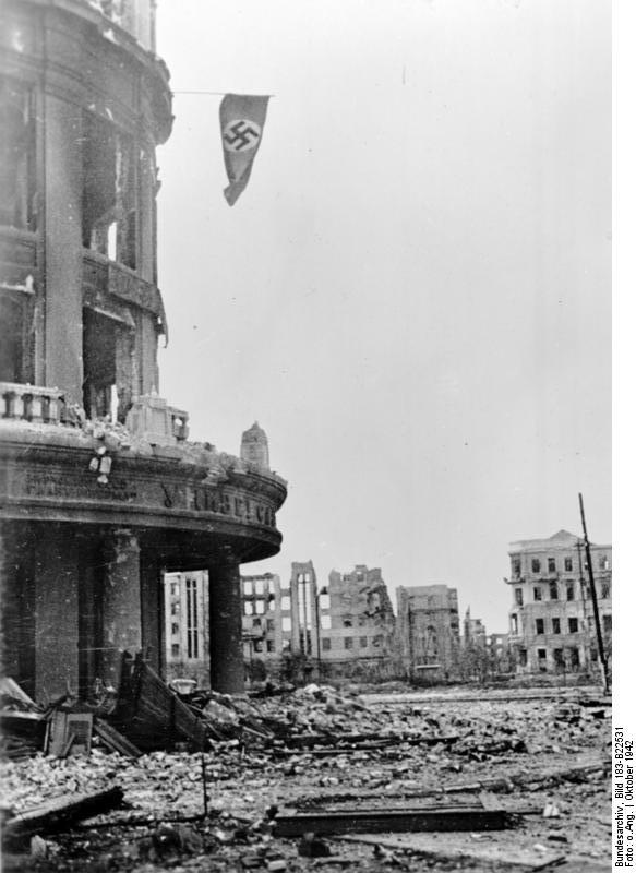 German flag outside a ruined building which acted as Friedrich Paulus' field headquarters, Stalingrad, Russia, Oct 1942