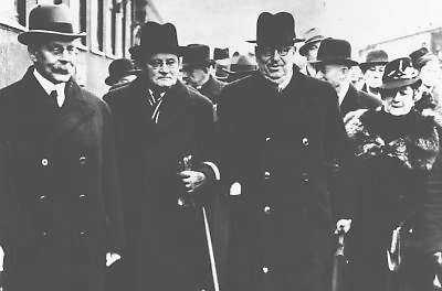 Finnish Prime Minister A. K. Kajander, Parliament Speaker Väinö Hakkila, and Alli Paasikivi seeing Juho Kusti Paasikivi off to Russia for negotiations, Helsinki, Finland, 9 Oct 1939