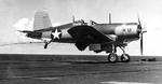 F4U-1 Corsair of VF-17, “The Jolly Rogers,” landing aboard the carrier Bunker Hill south of Bermuda during her shakedown cruise, 17 July 1943. Photo 1 of 2