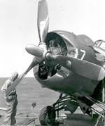 Following a nose over upon landing, the propeller and cowling of an FM-2 Wildcat shows the damage aboard the training aircraft carrier USS Sable on Lake Michigan, United States, 1943-45.